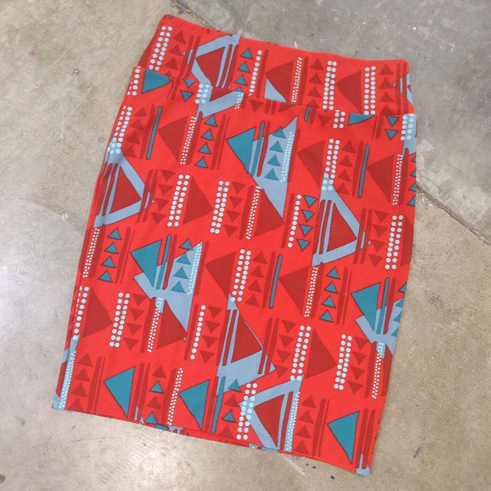 LuLaRoe Cassie Pencil Skirt Geometric Print RED TEAL MINT